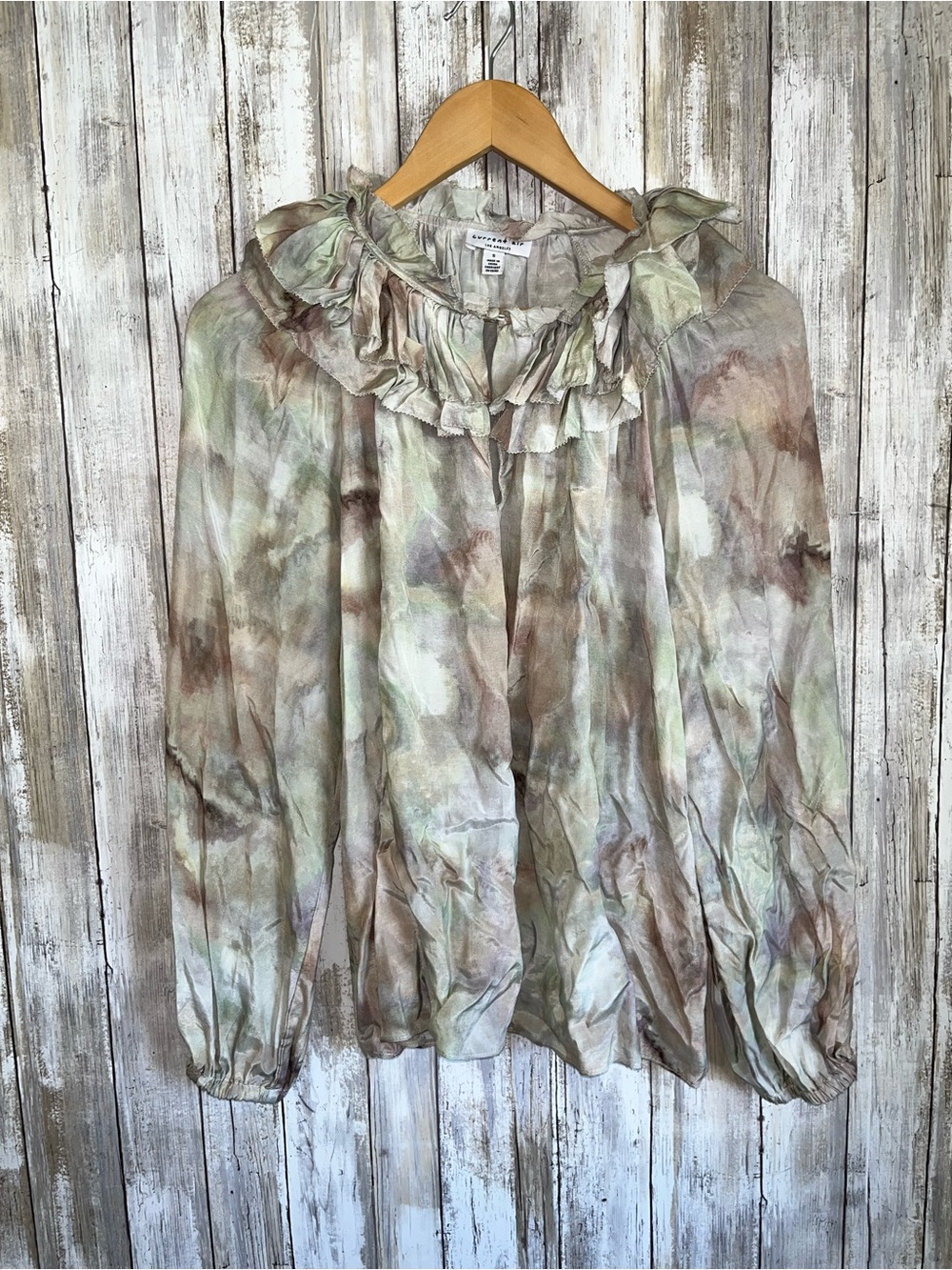 Current Air Watercolor Ruffle Neck Blouse Size Small Boho Top
